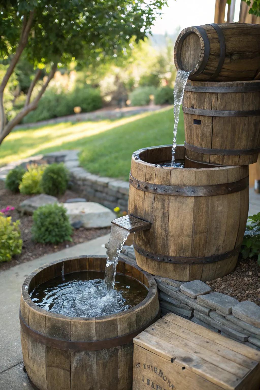 Transform your space with the rustic charm of a cascading wooden barrel fountain.