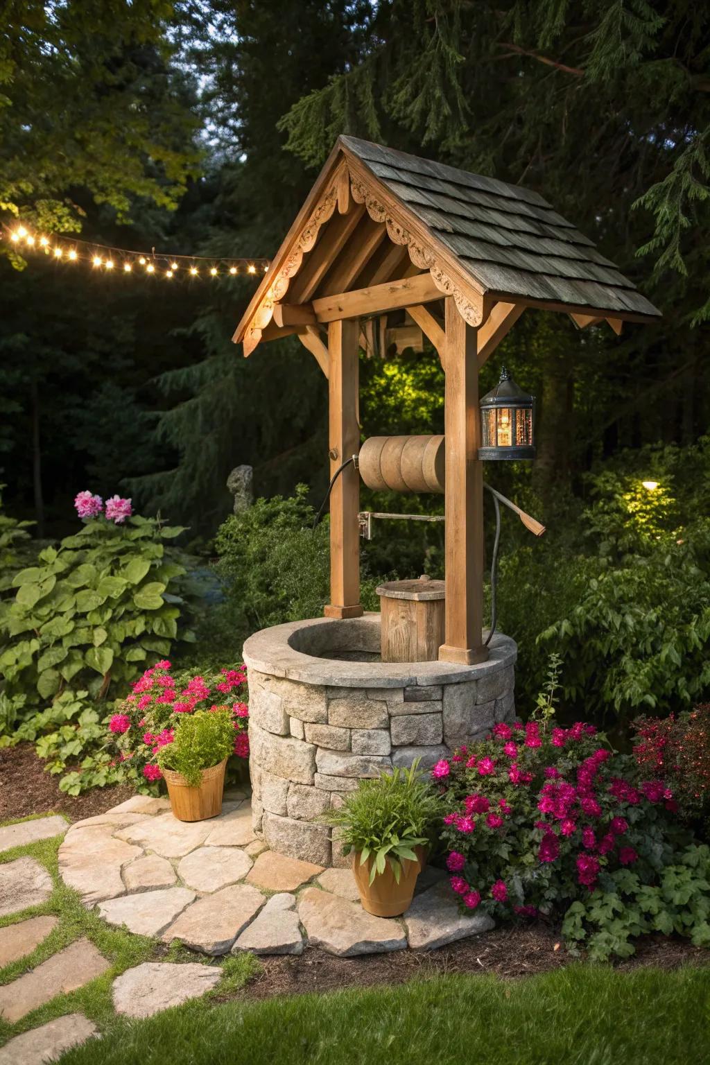 Transform your garden into a tranquil retreat with a charming DIY wishing well centerpiece.