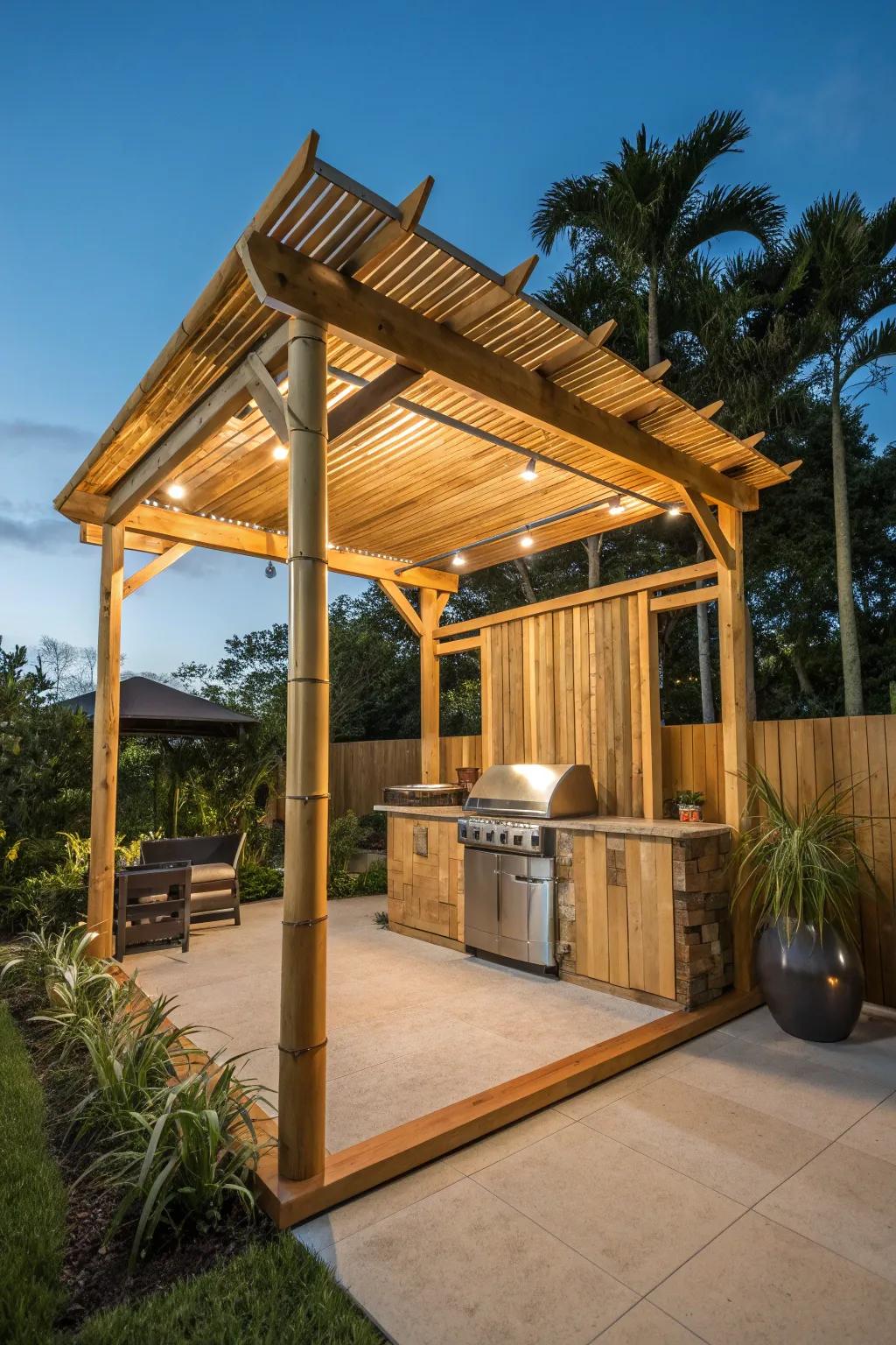 Elevate your outdoor space with a chic bamboo grill gazebo, where style meets sustainability.
