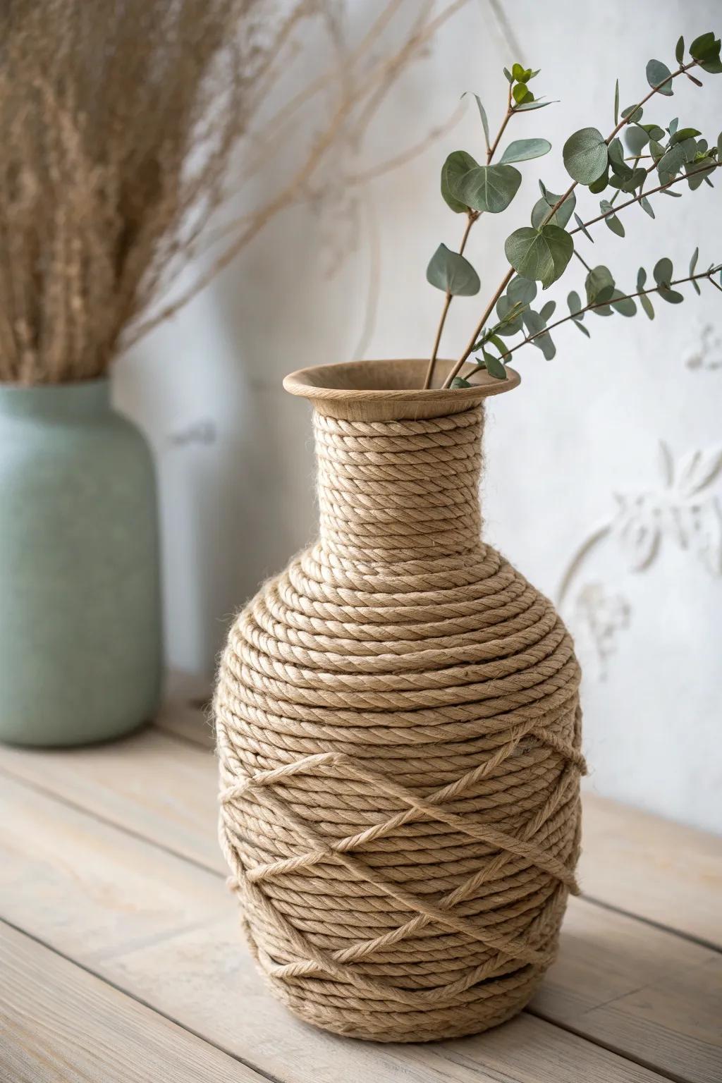 Transform your space with this DIY rope-wrapped vase—an effortless blend of nautical charm and minimalist elegance.