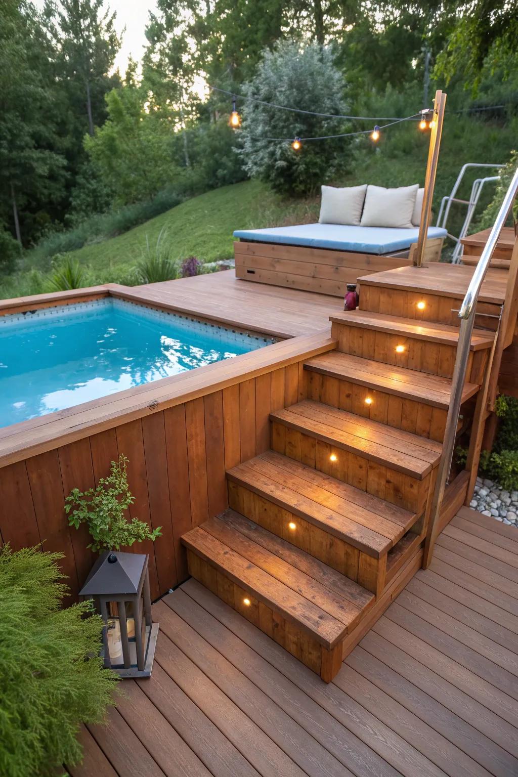 Elevate your pool experience with stylish DIY steps and a cozy seating nook, perfect for relaxing and keeping an eye on the fun!