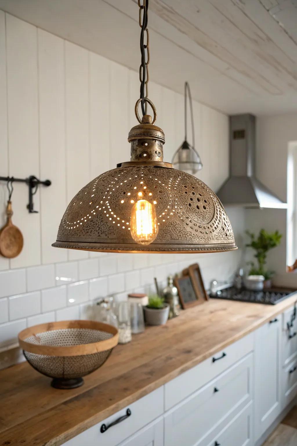 Illuminate your kitchen with a touch of rustic charm using this DIY Colander Pendant Light.