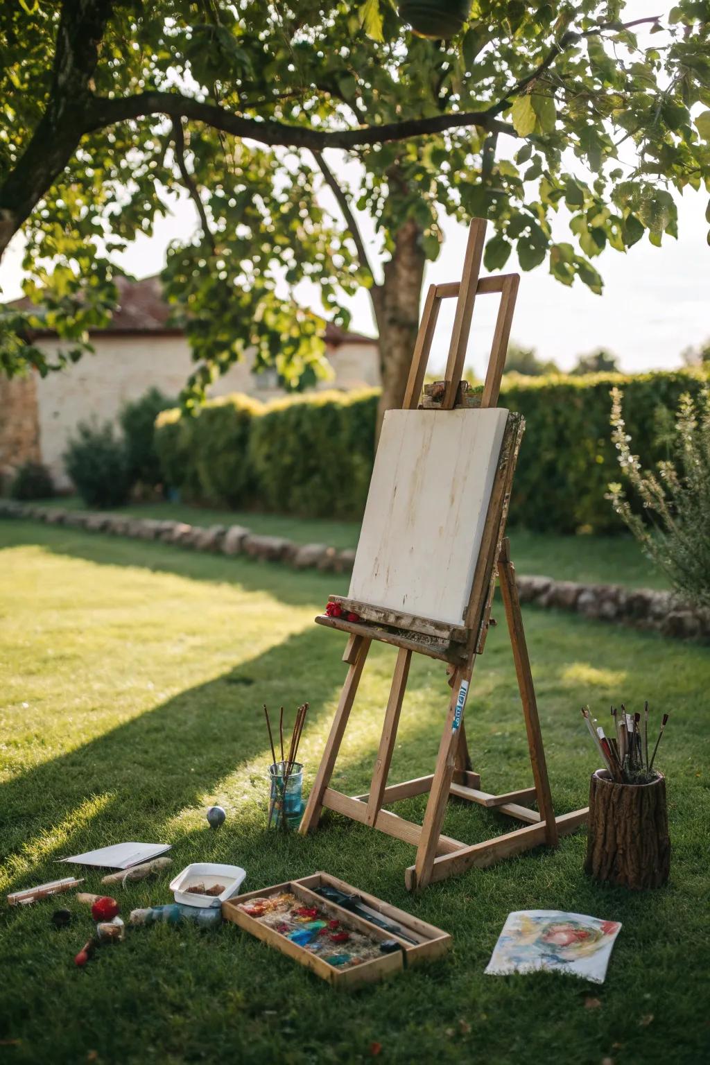 Unleash your creativity in the great outdoors with this charming art easel setup.