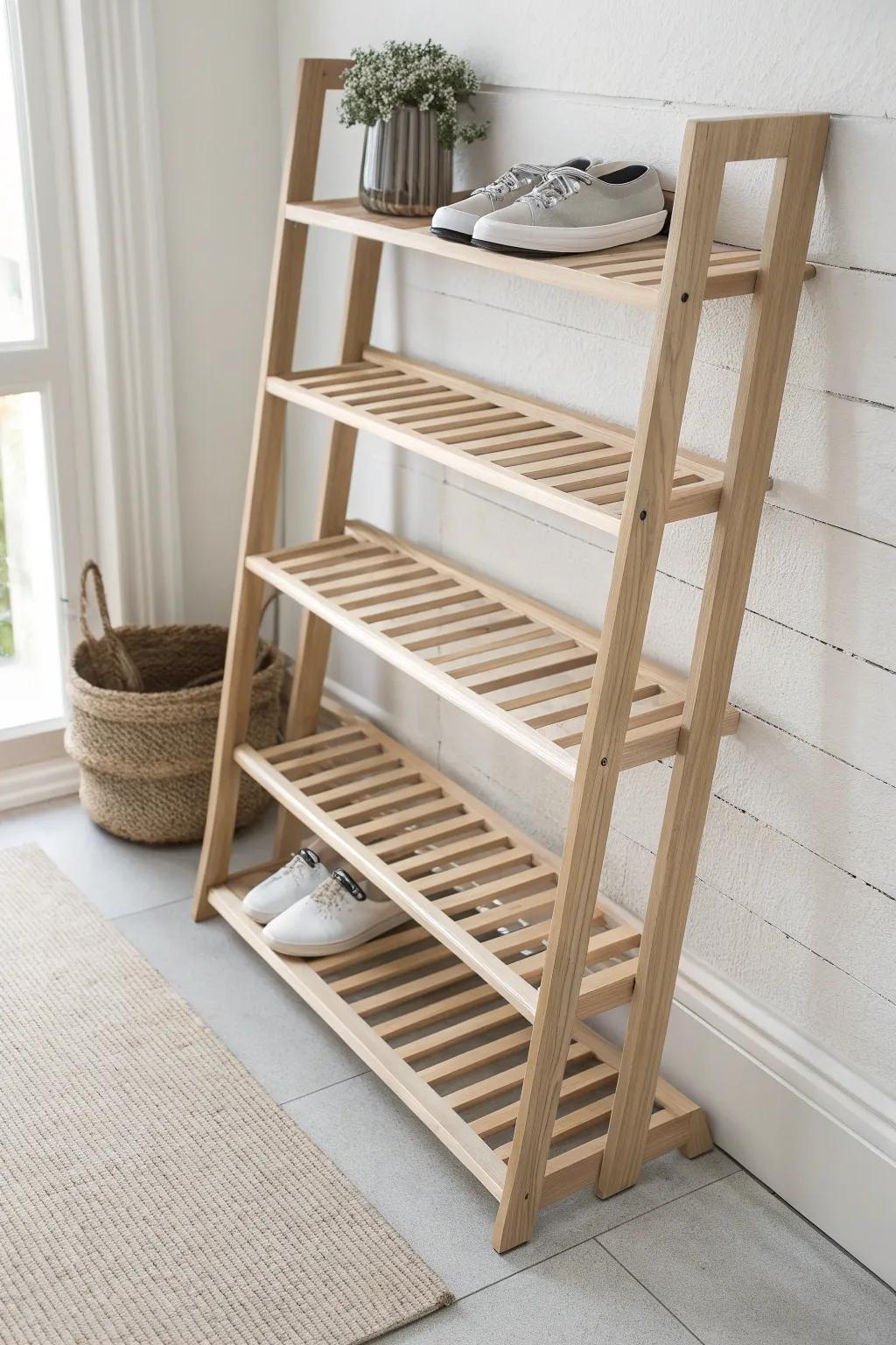 Elevate your entryway with this DIY wooden slat shoe rack, where simplicity meets natural elegance.