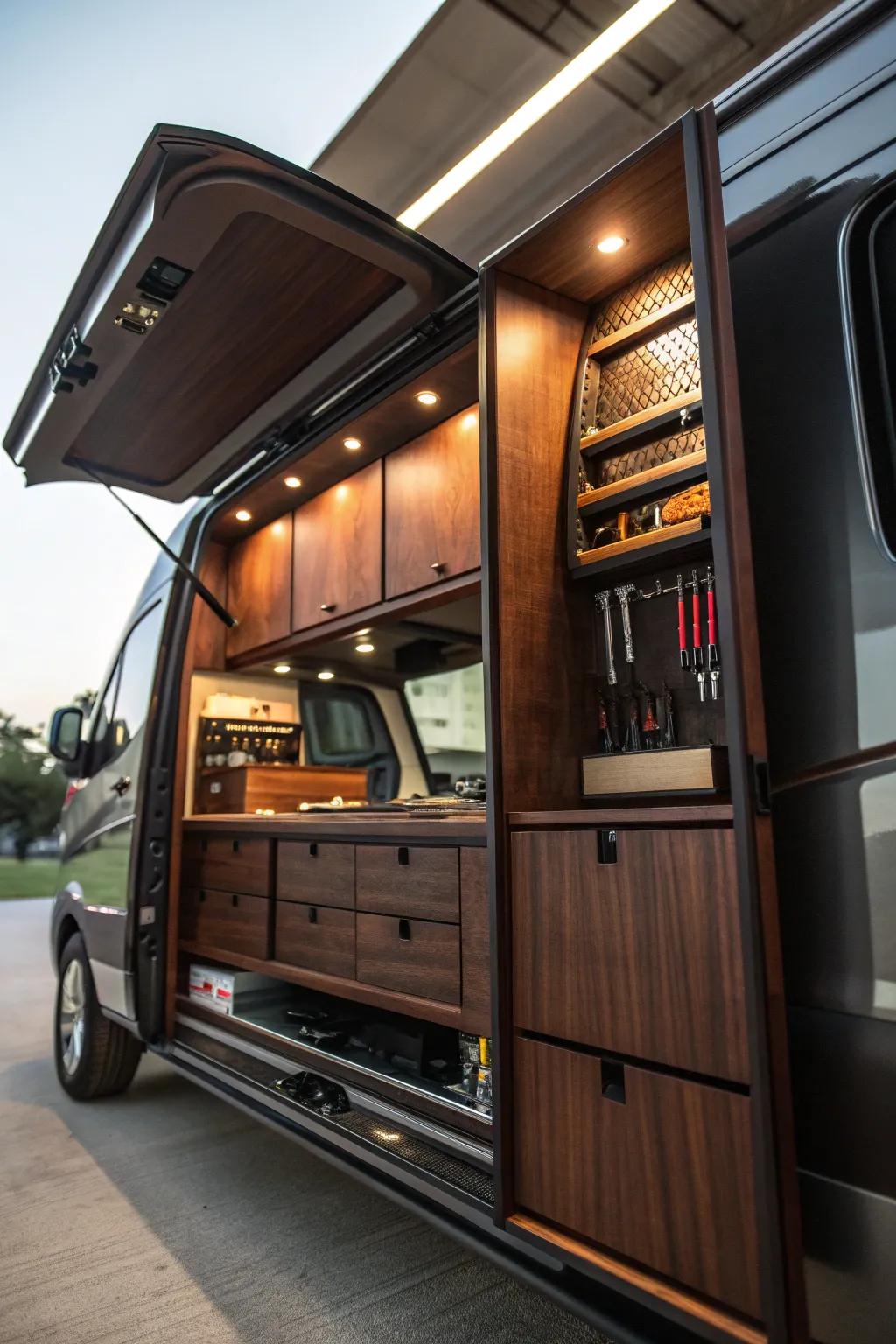 Elevate your van's functionality with stylish overhead cabinets for organized storage.