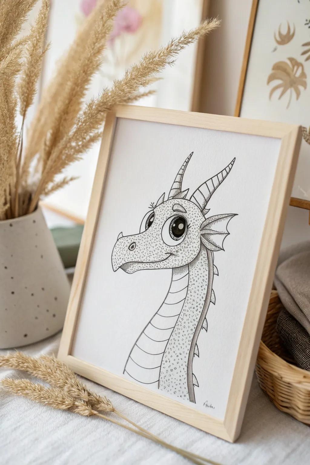 Discover the charm of whimsical proportions in dragon art—where oversized eyes meet tiny horns in a minimalist masterpiece.