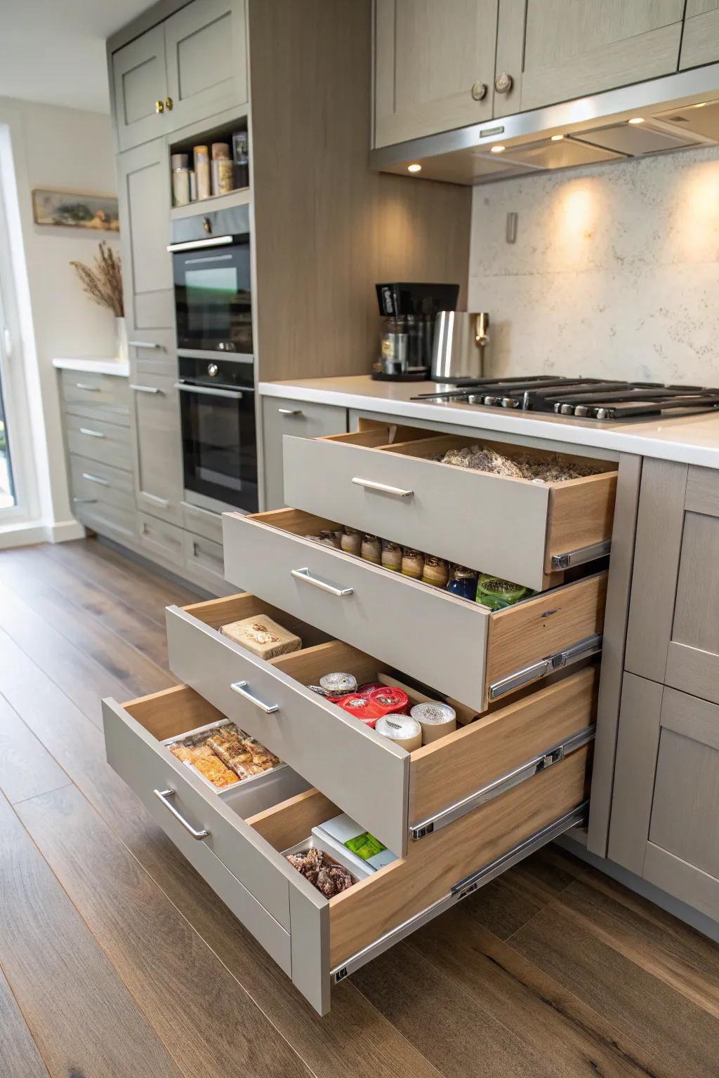 Hidden pantry drawers maximize storage in style