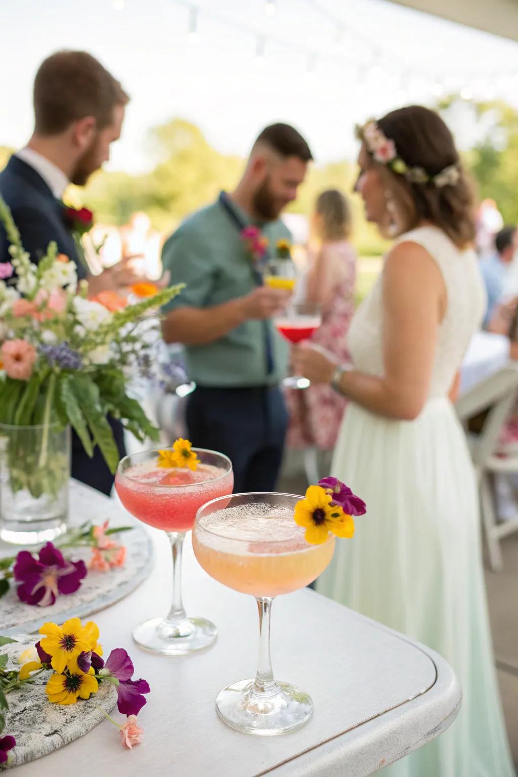 Spring cocktails with edible flower garnishes at a wedding cocktail hour.