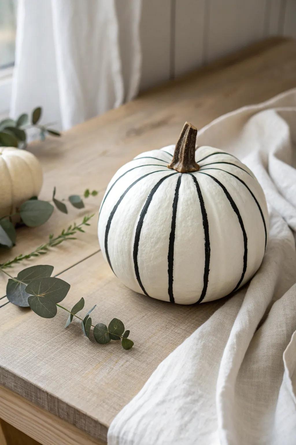 Striking simplicity: effortless elegance with stripe-painted pumpkins.