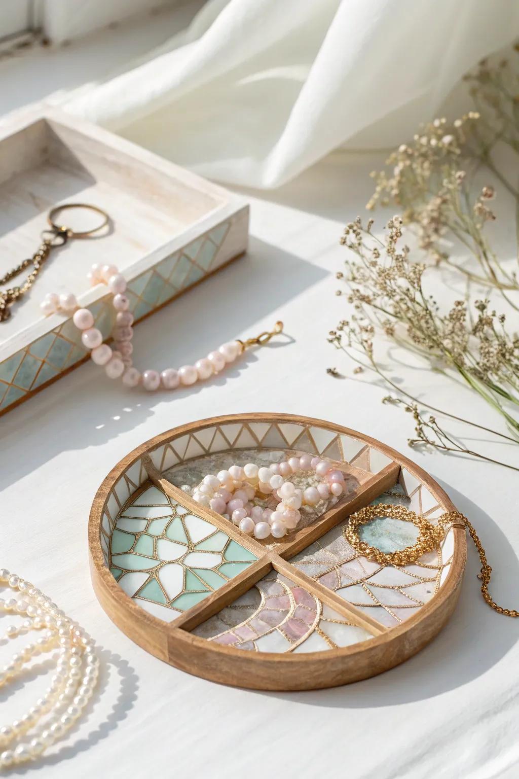 Elevate your accessory display with this handcrafted mosaic jewelry holder, where simplicity meets artistic elegance.