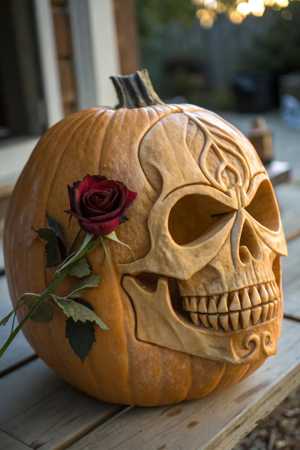 Merge elegance with eeriness: A skull with a rose for your next pumpkin carving masterpiece.