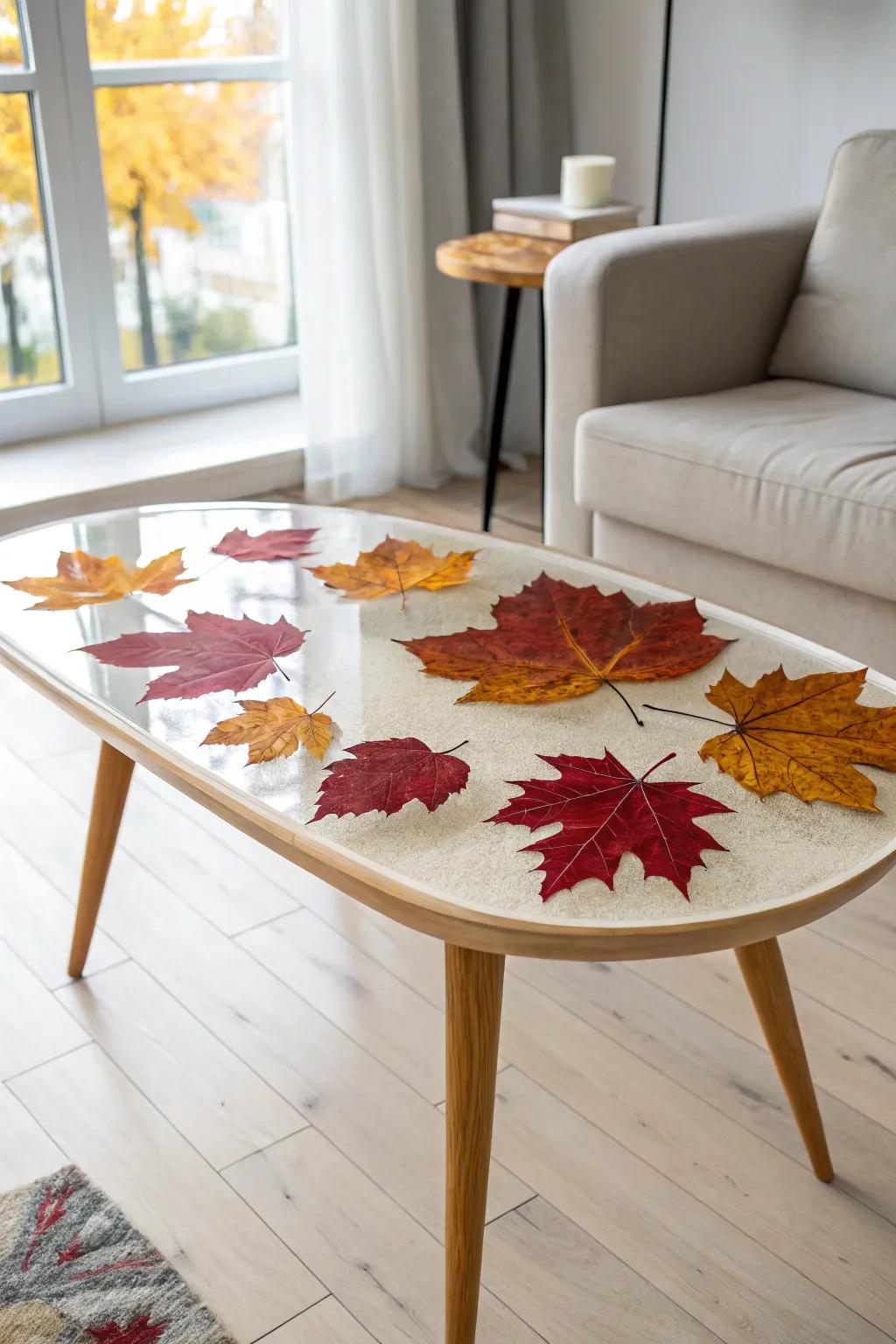 Embrace the beauty of fall with this exquisite maple leaf epoxy table, a perfect blend of nature and artistry.
