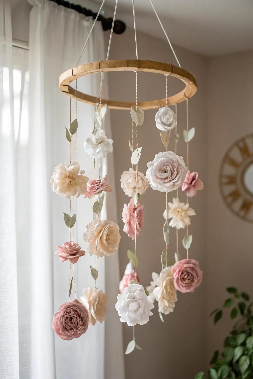 Add a whimsical touch to your space with a serene fabric flower mobile.