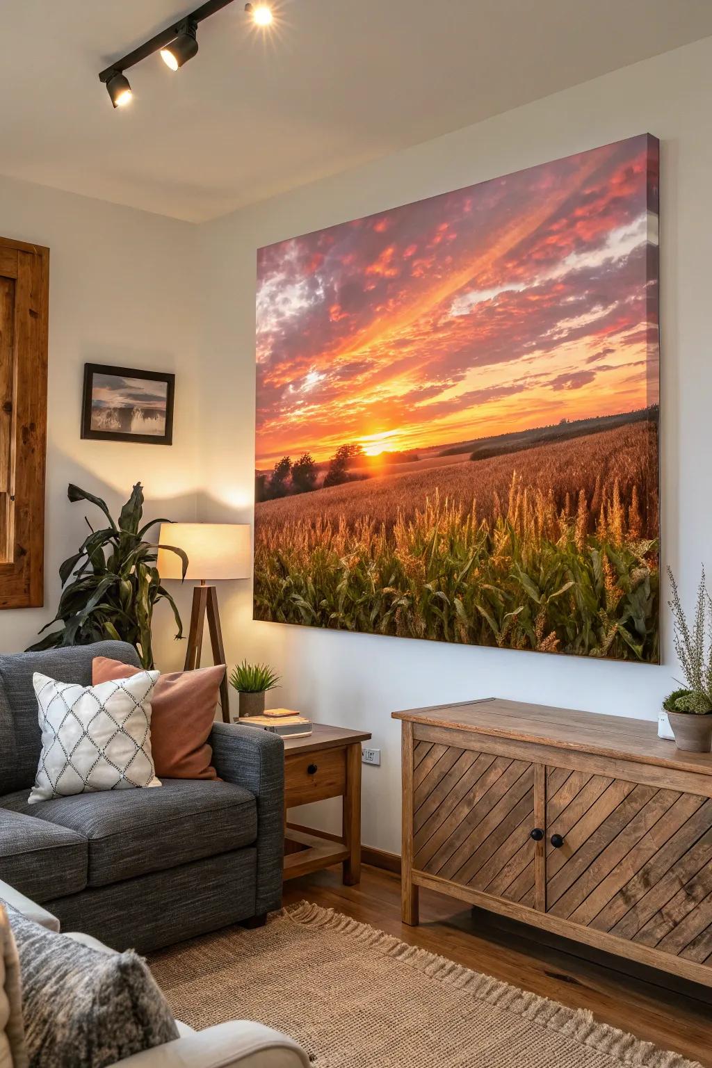 A sunset over cornfields offers dramatic, breathtaking colors.