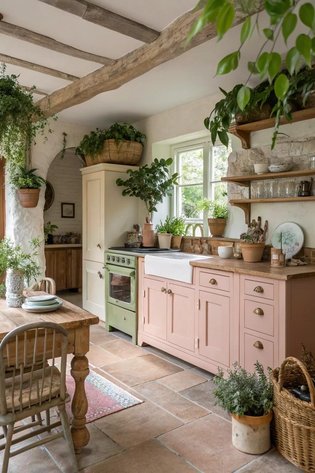 Blush accents bring warmth and personality to a farmhouse kitchen.