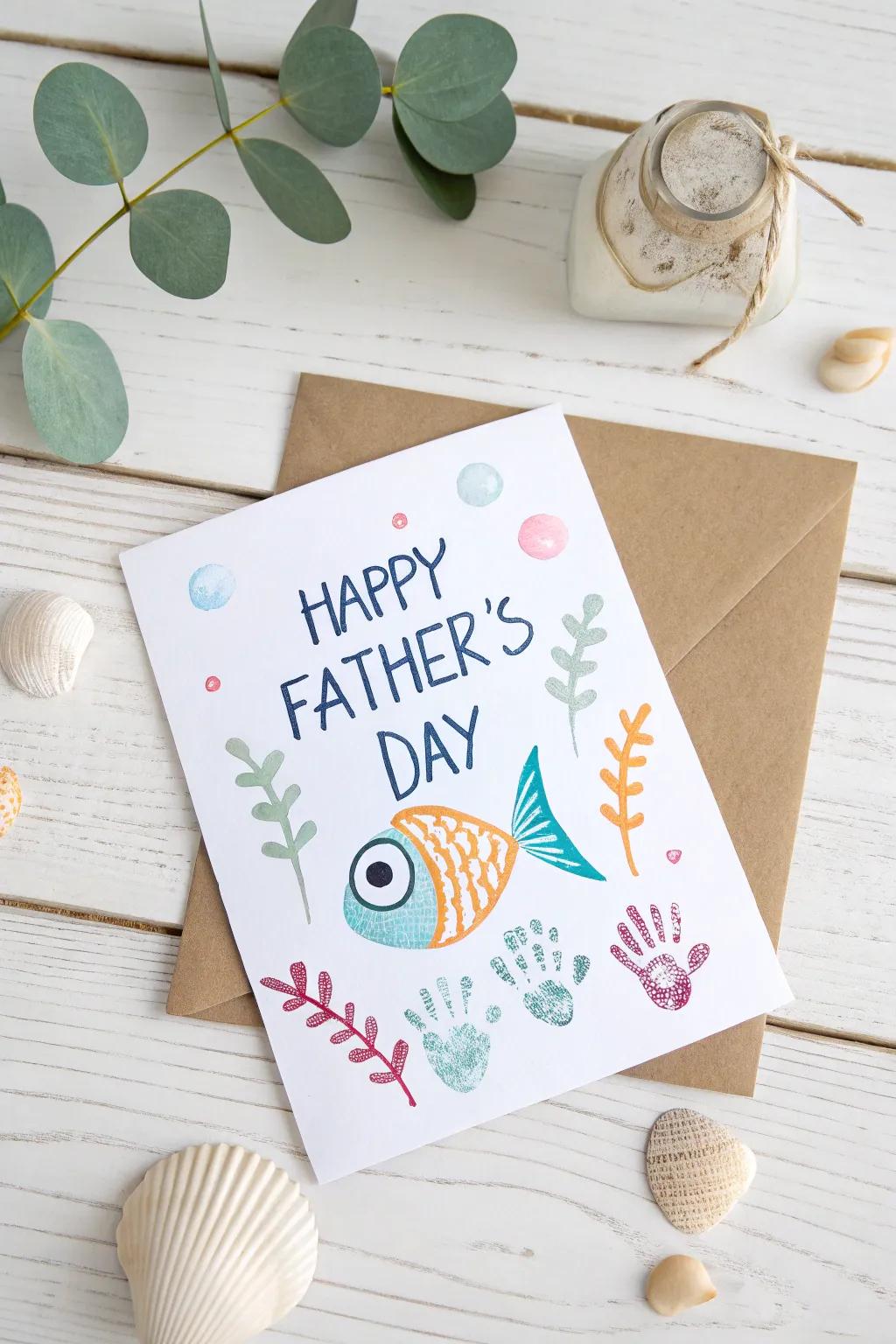 Celebrate Dad's love for fishing with this adorable handcrafted card, where little hands create big smiles.