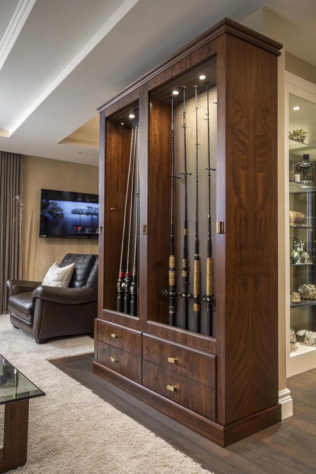 Elevate your space with custom built-in storage for your fishing rods, seamlessly blending style and functionality.