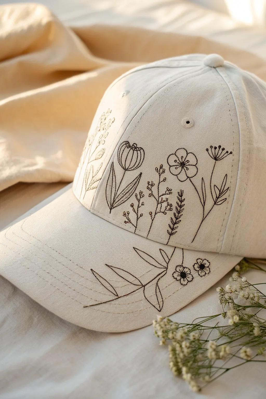 Embrace the elegance of simplicity with hand-drawn embroidery on your favorite fitted hat.