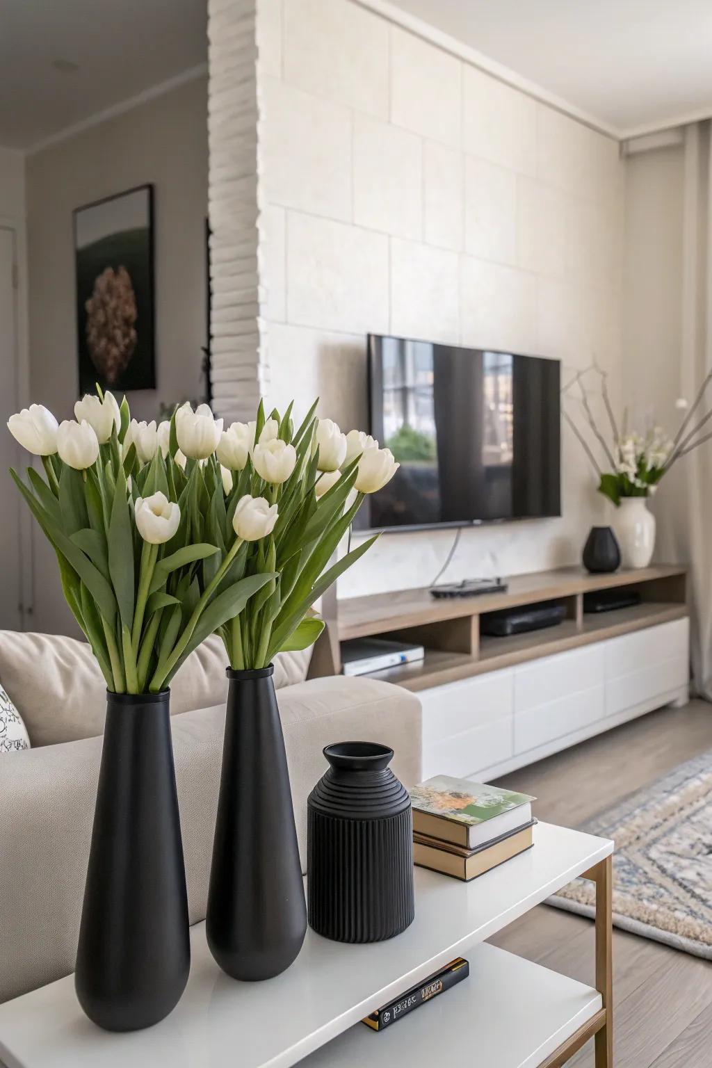 Monochrome vases exude sophisticated simplicity.