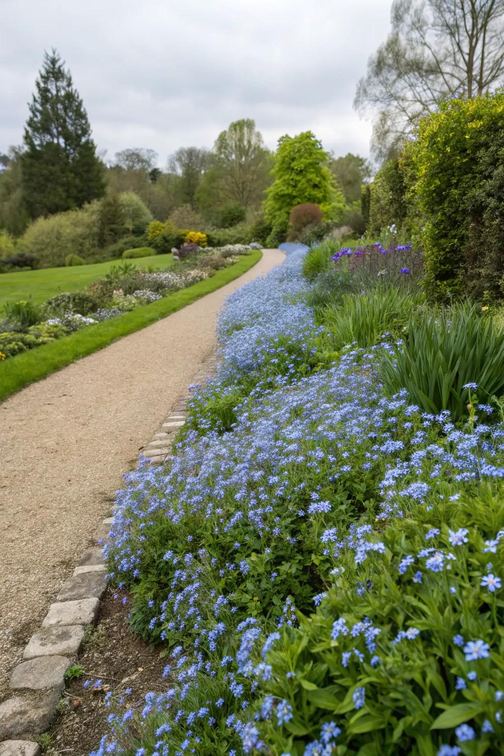 Forget-me-nots along garden edges offer a gentle transition.