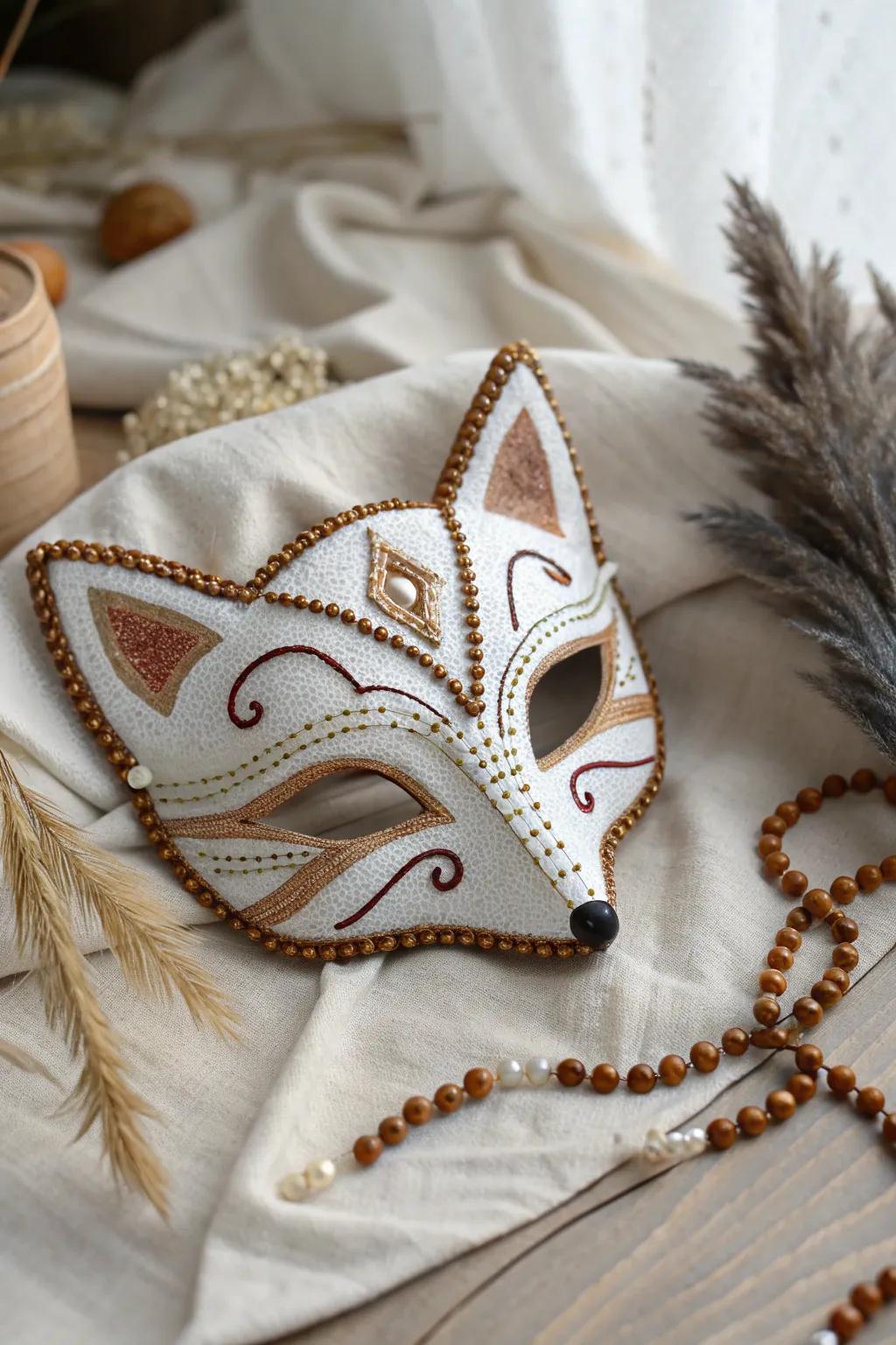 Transform simplicity into artistry with this beaded fox mask, where minimalist elegance meets boho allure.