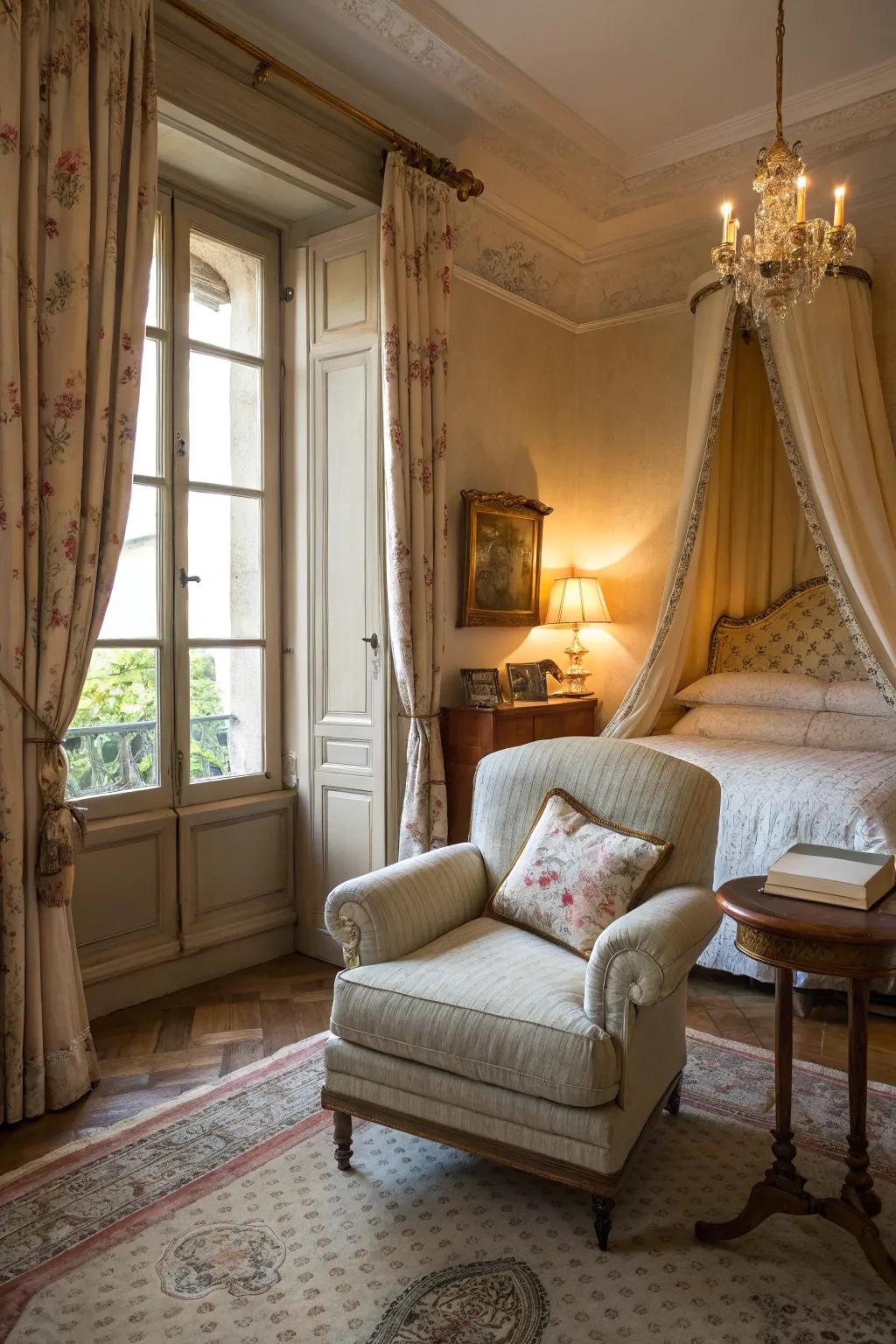 A cozy reading nook invites relaxation in this French bedroom.