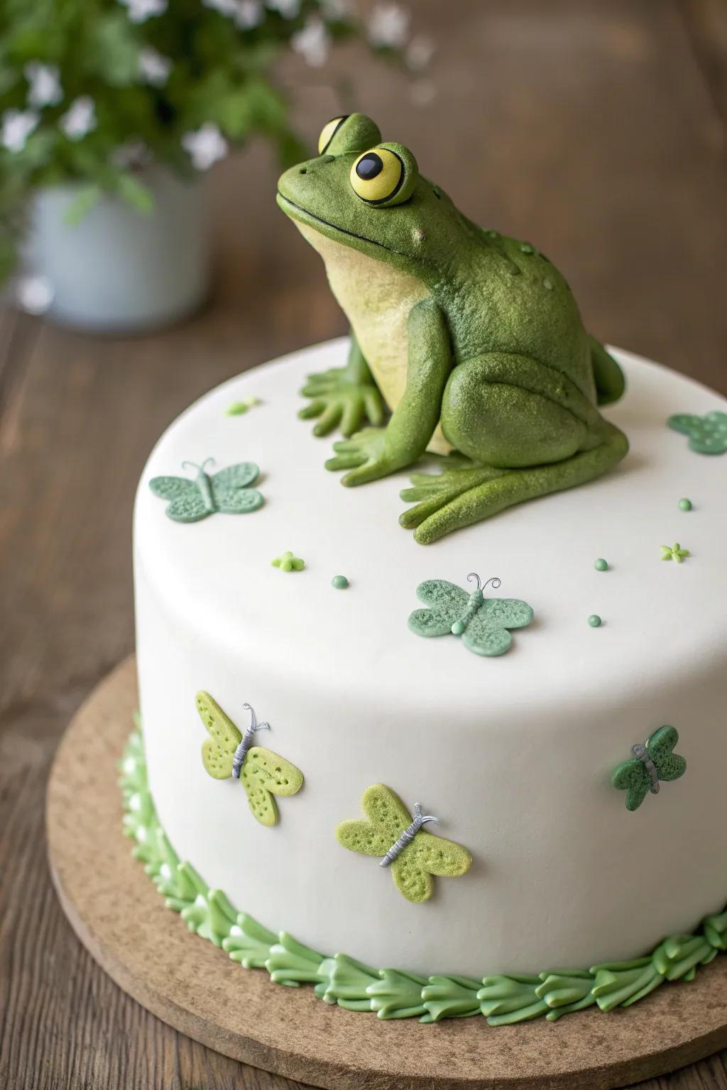 Leap into whimsy with this charming frog and fly cake design—where simplicity meets playfulness.