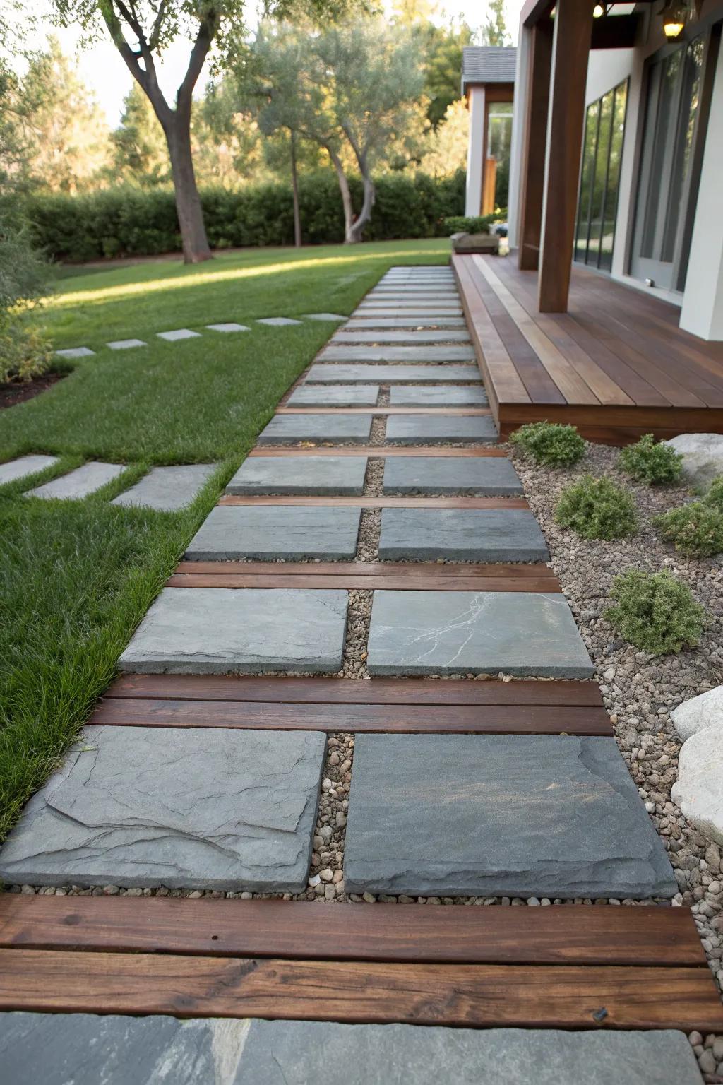 Elevate your entrance with this mixed media masterpiece: Slate and wood in perfect harmony.