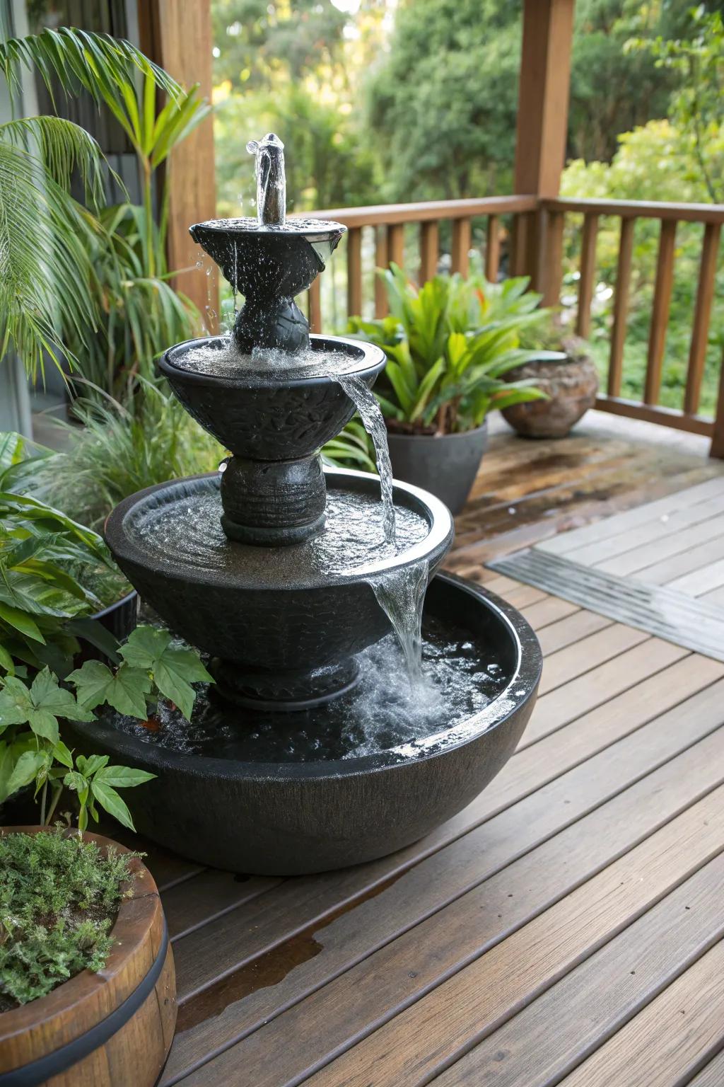 Transform your porch into a tranquil oasis with a stylish water feature.