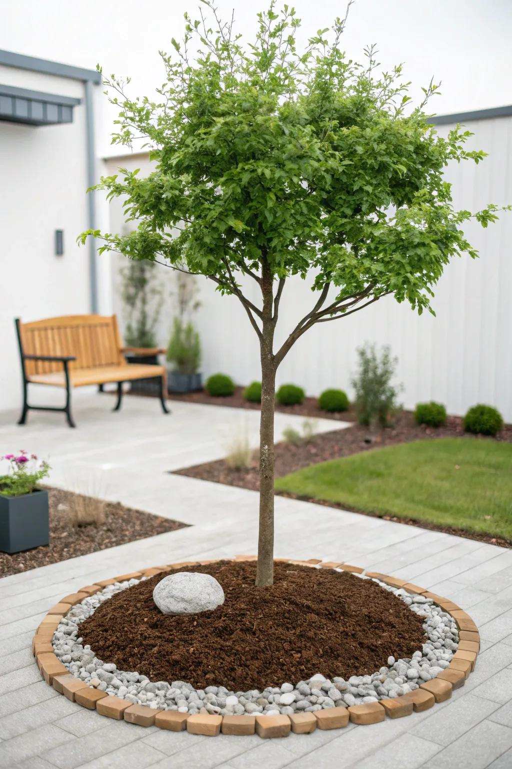 Embrace nature's elegance with a moisture-retaining mulch ring that keeps your trees thriving through the hottest days.