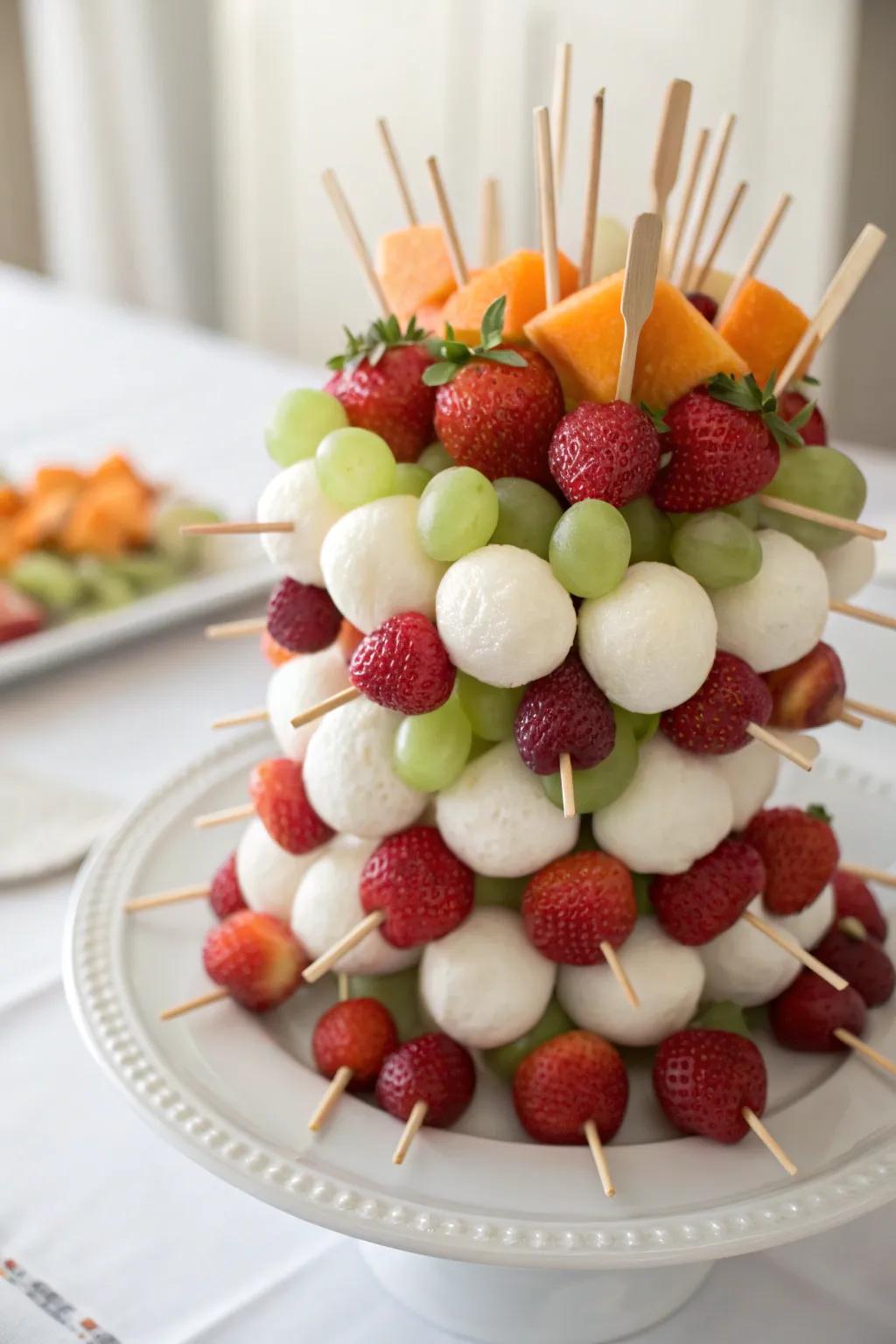 A stunning centerpiece: simplicity meets natural beauty with this spherical fruit kabob display.