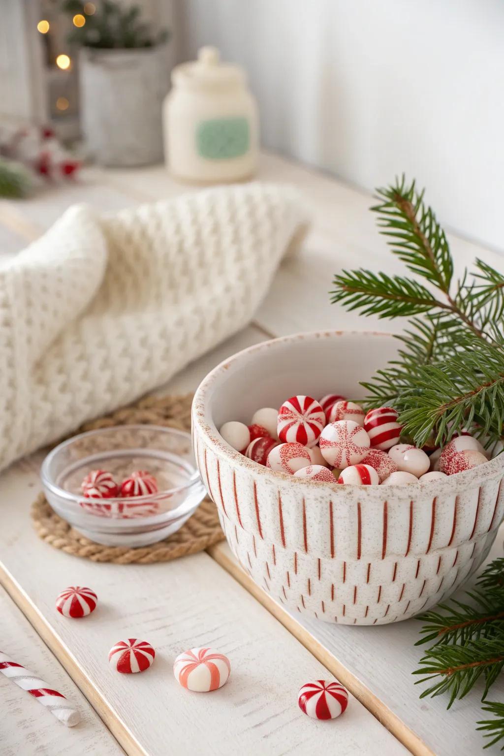 Sweet simplicity: A peppermint candy bowl perfect for holiday treats.