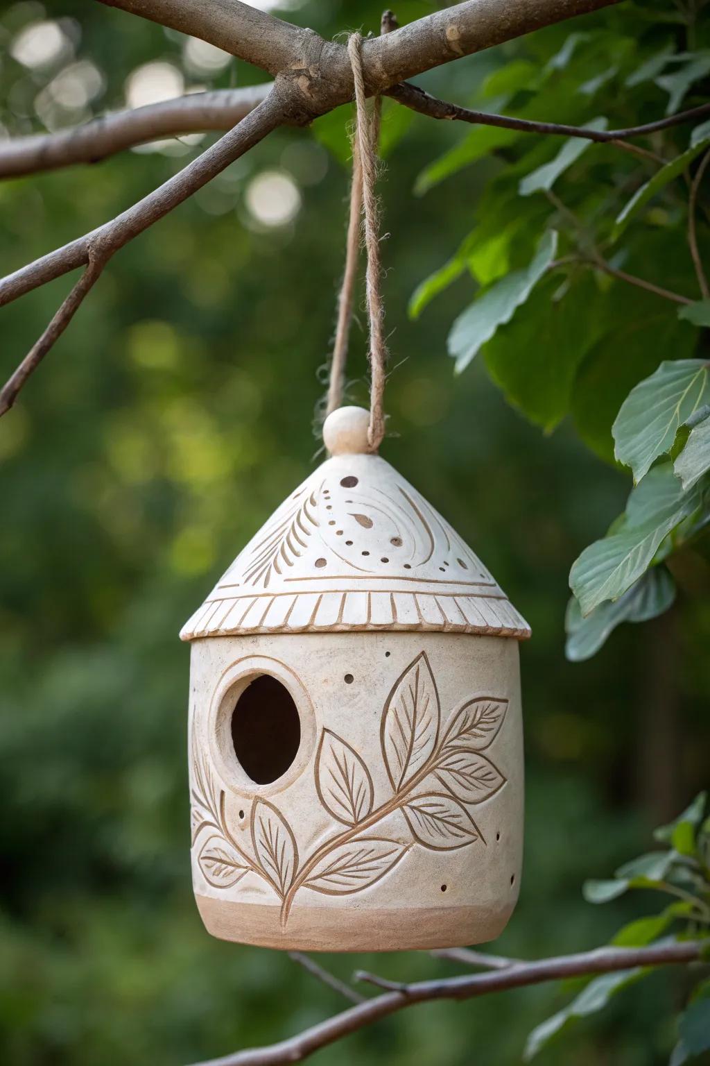 Invite whimsy into your garden with a handcrafted ceramic birdhouse—where simplicity meets natural beauty.