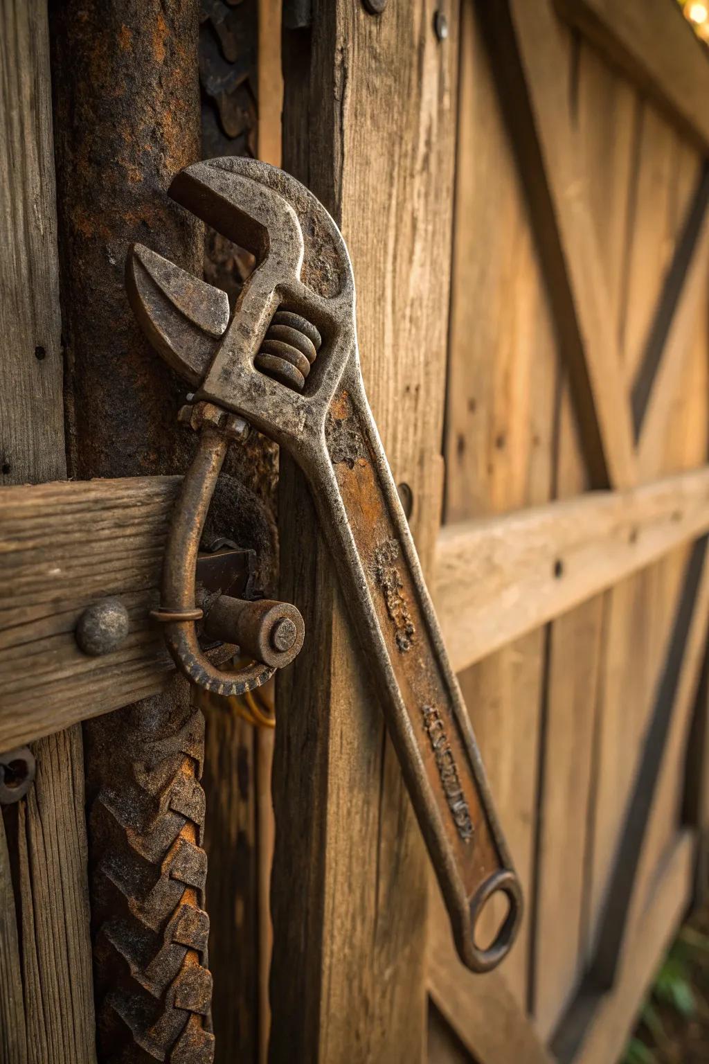 Transform your gate with the timeless allure of repurposed antique tools for a touch of history and style.