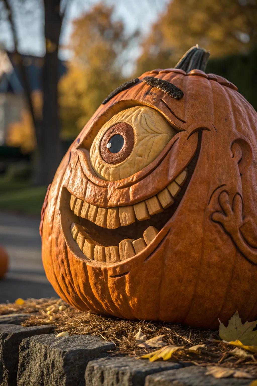 Add a touch of humor to your Halloween decor with this comical cyclops pumpkin carving!