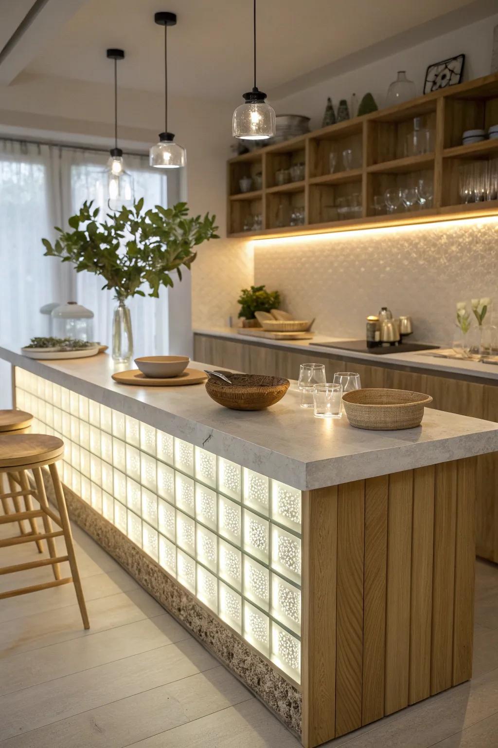 Elevate your kitchen with a luminous floating countertop, where modern design meets natural elegance.