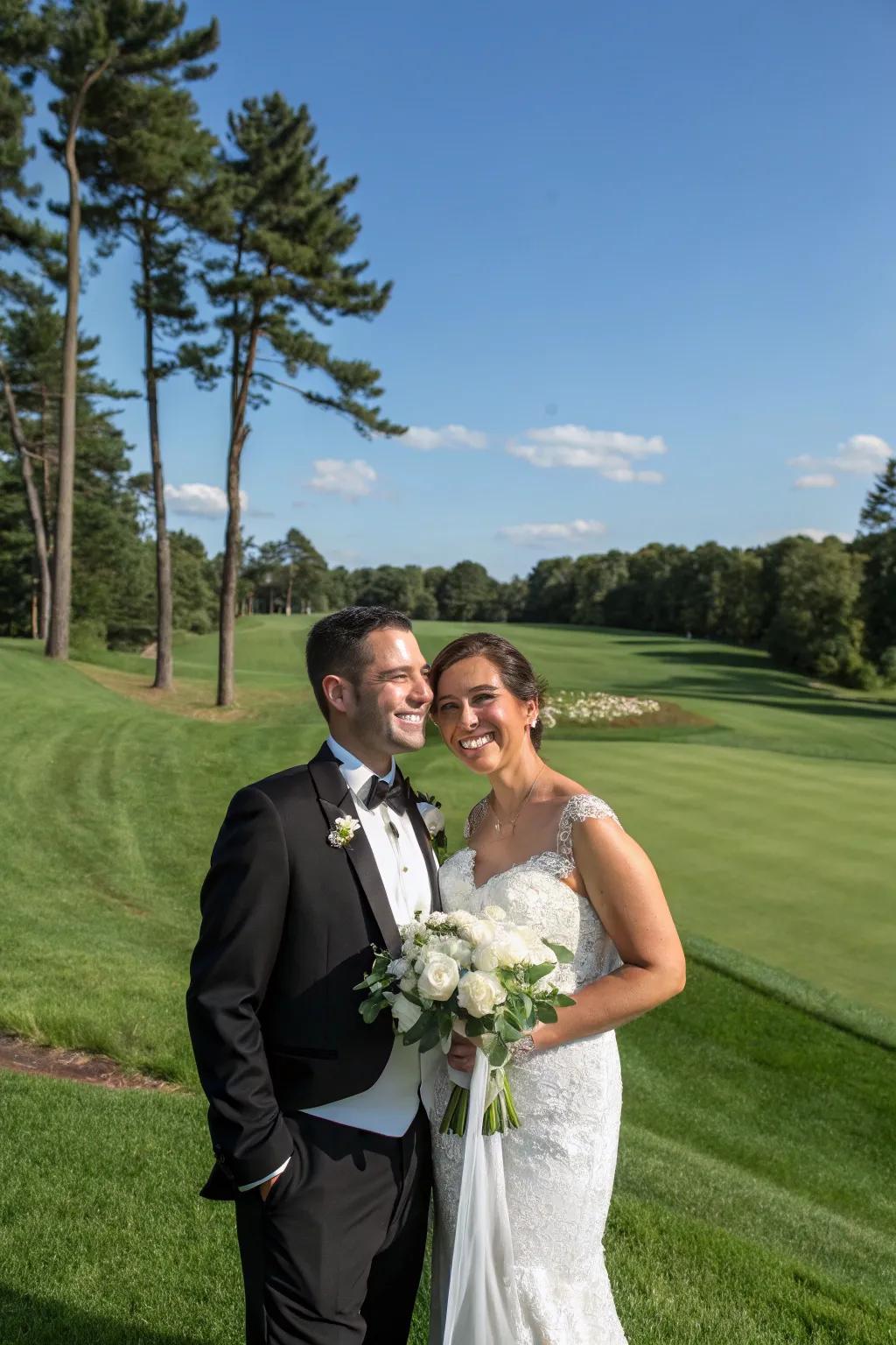 A couple poses for stunning wedding photos on a beautiful golf course.