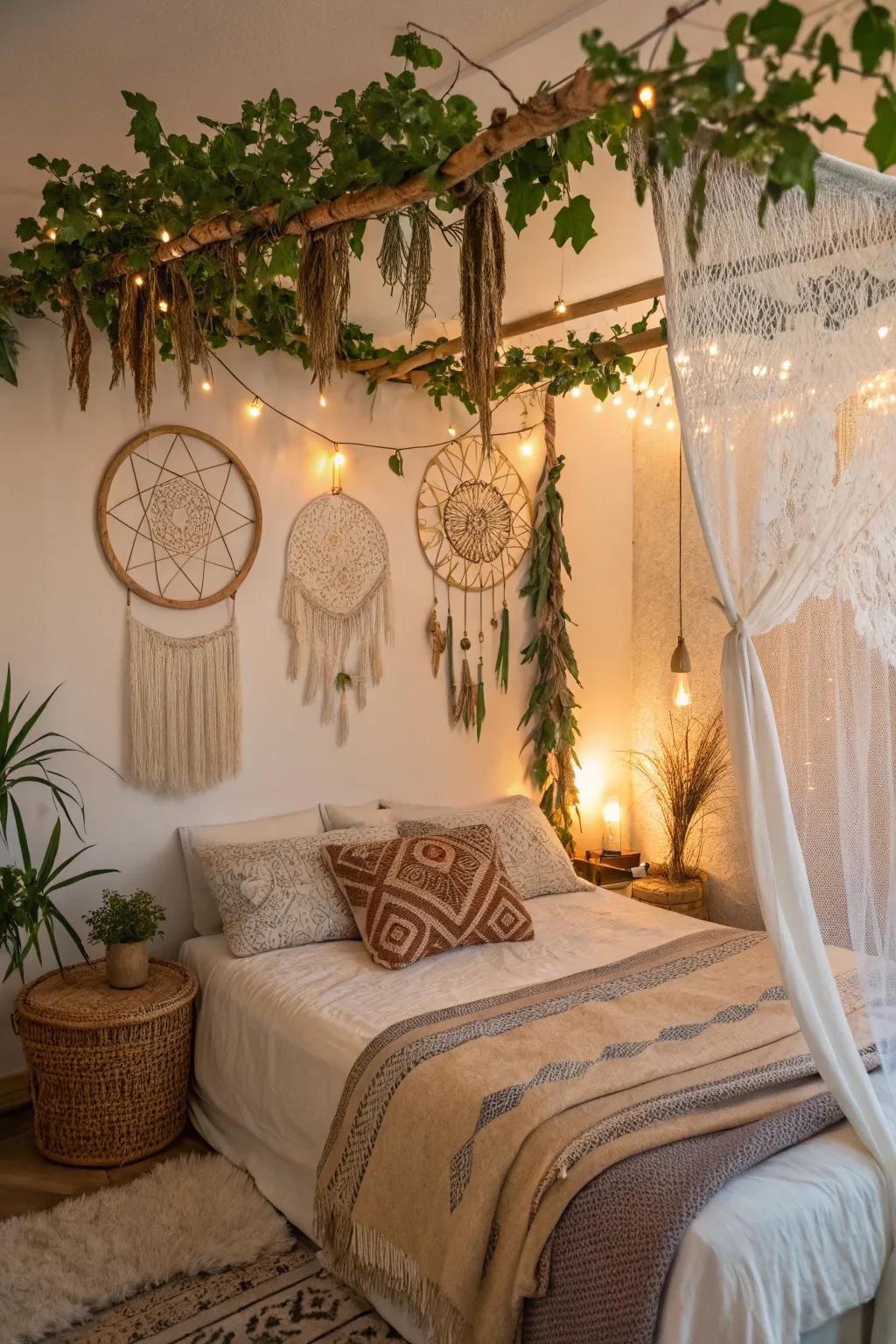 A bohemian grapevine swag adds a dreamy touch to a bedroom.