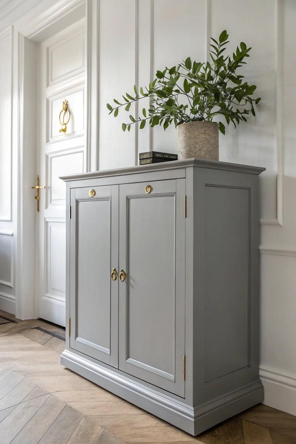 Embrace the calm elegance of gray cabinets with a touch of brass sophistication.