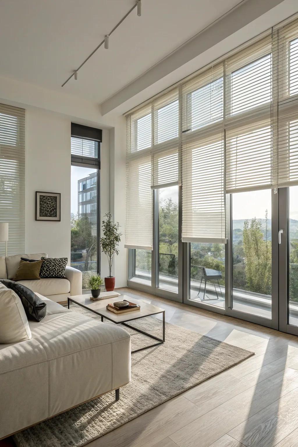 Built-in blinds provide a sleek look in this modern, minimalist living room.