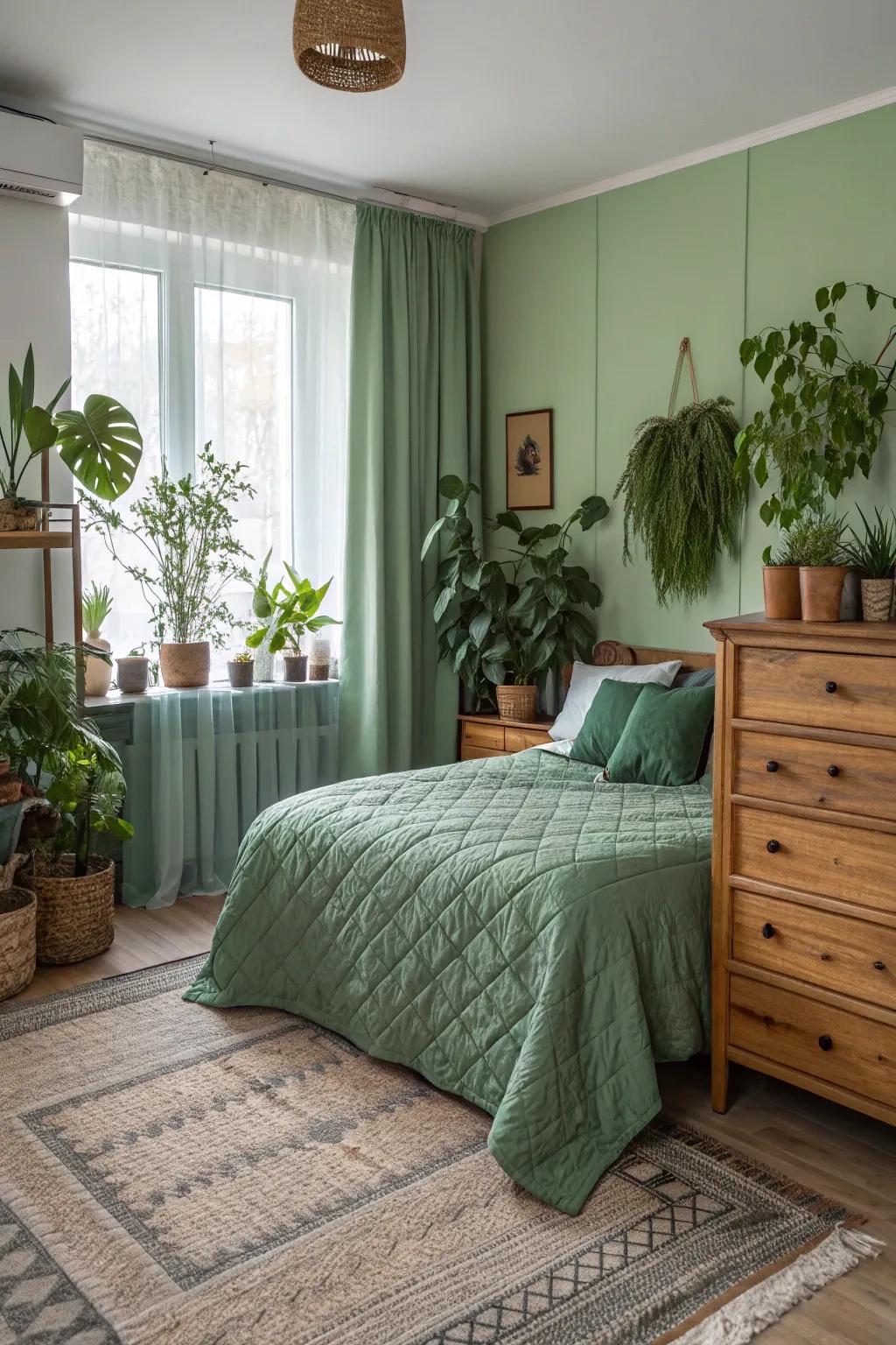 A calming bedroom with green elements and natural decor for a serene feel.