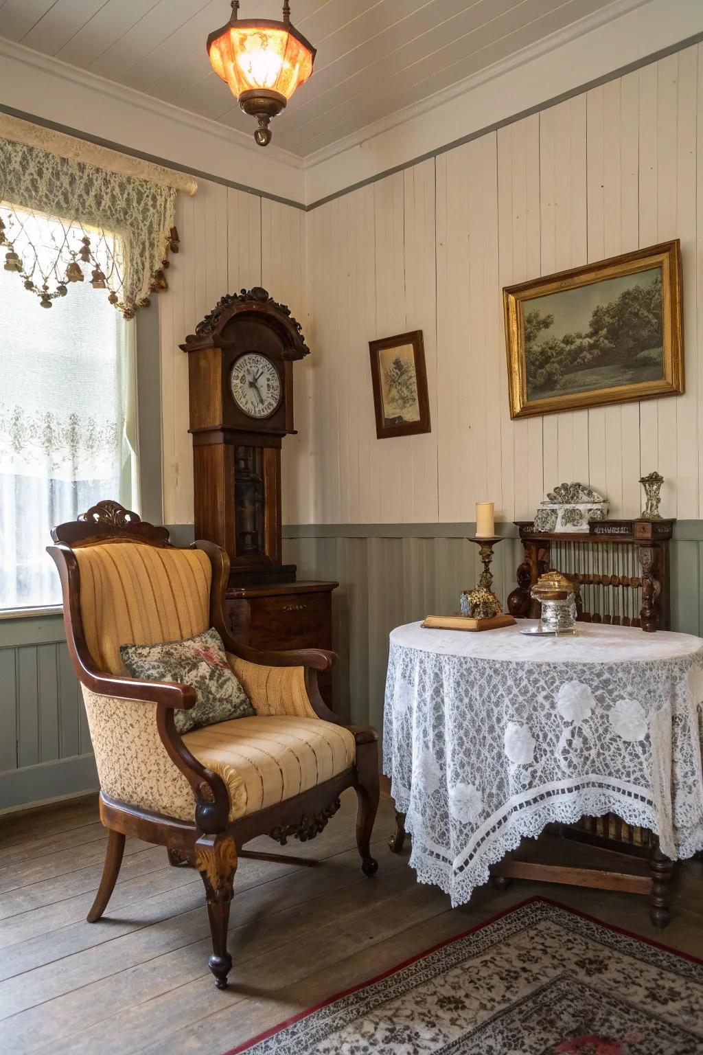 Ornate chair rails and shiplap evoke vintage charm.