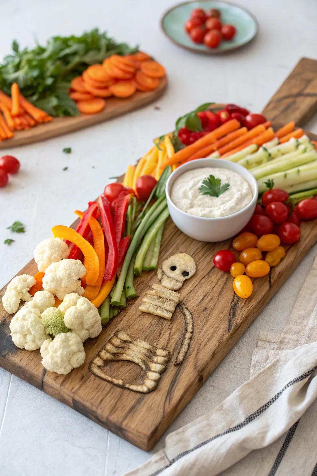 Craft a spooky yet healthy Halloween snack with this stunning Skeleton Veggie Platter!