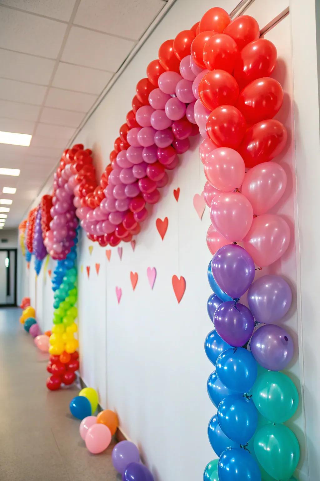 A colorful heart balloon garland brings joy.