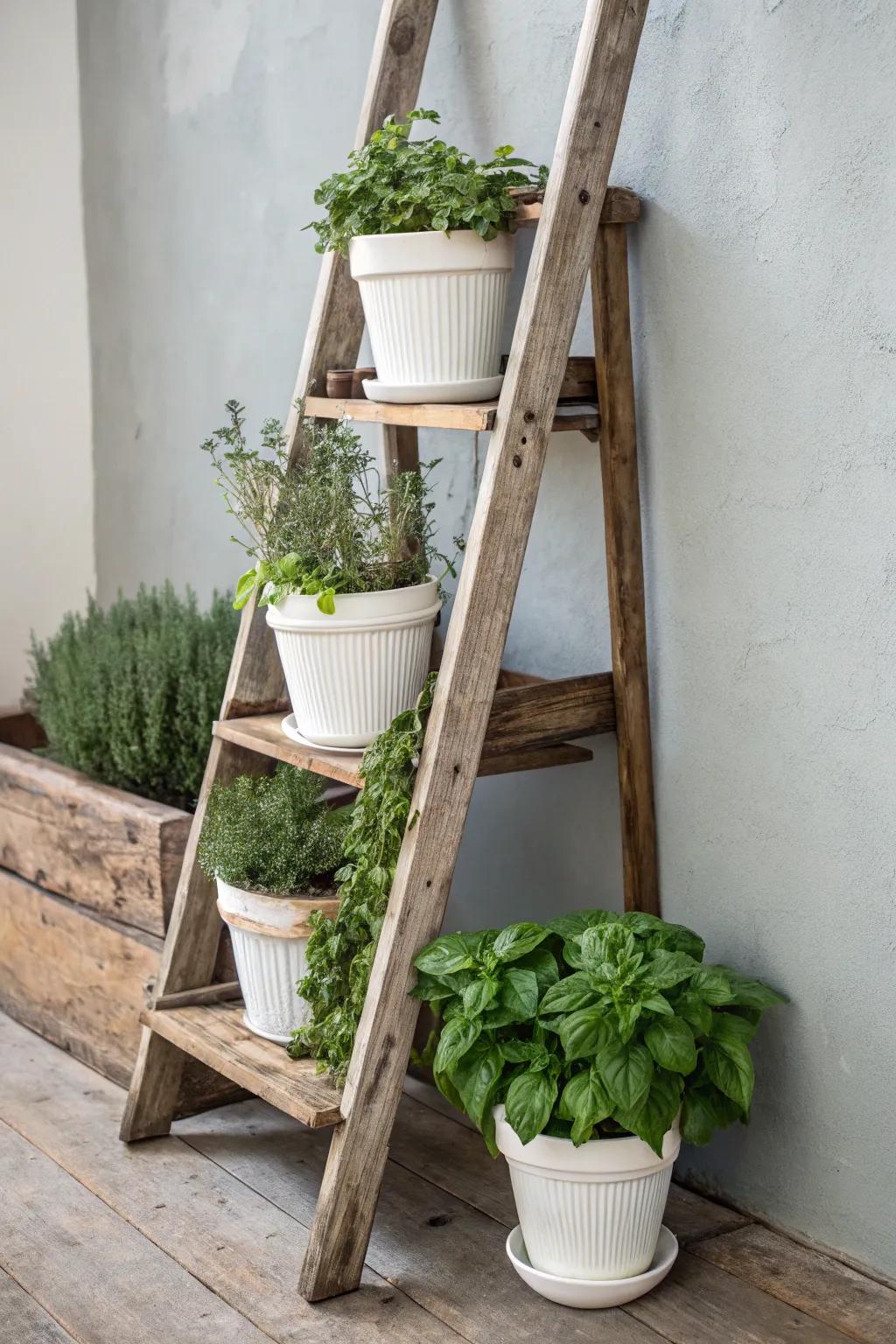 Elevate your herb gardening with a charming rustic ladder display, where simplicity meets natural beauty.