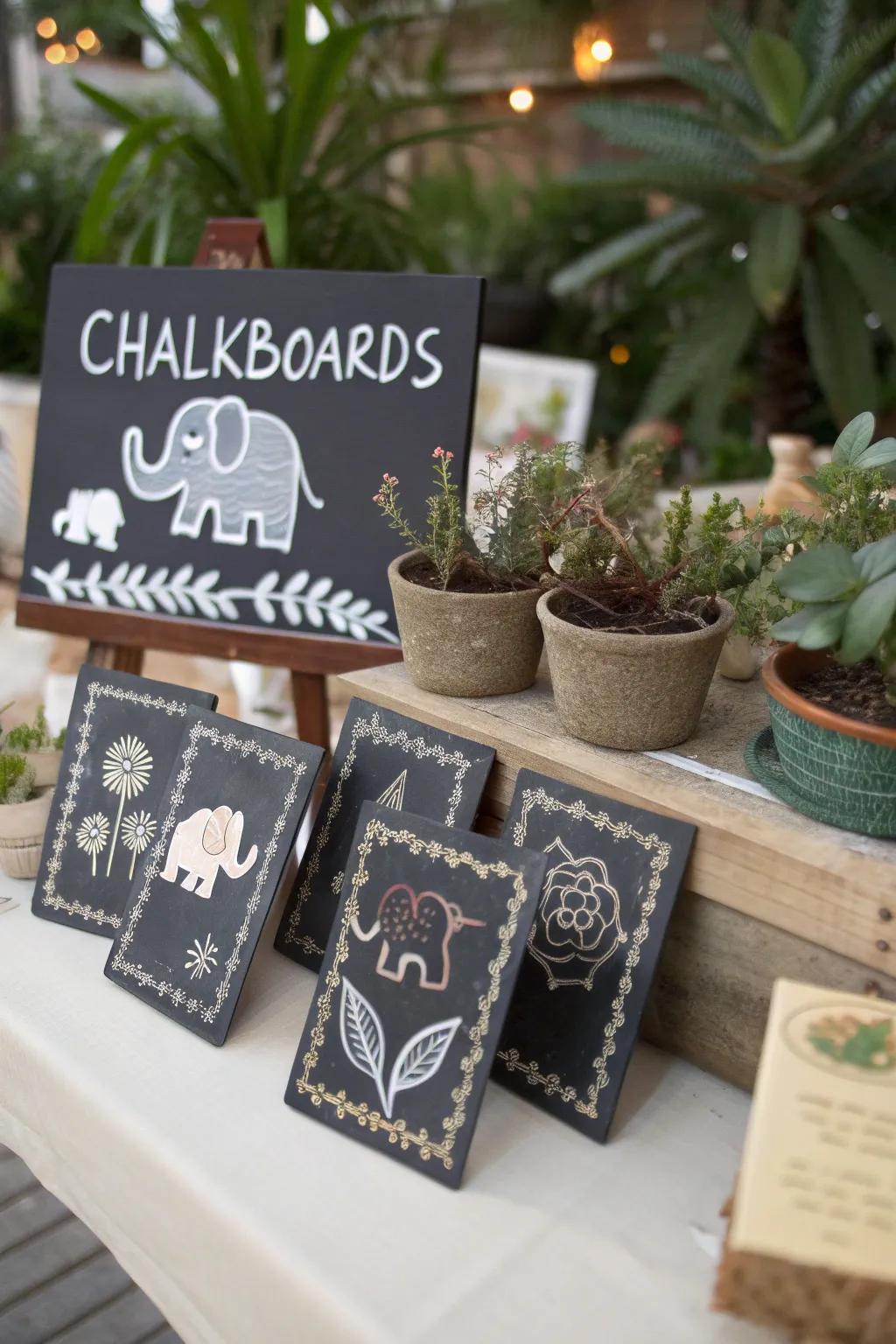 Personalized chalkboard and elephant centerpiece.