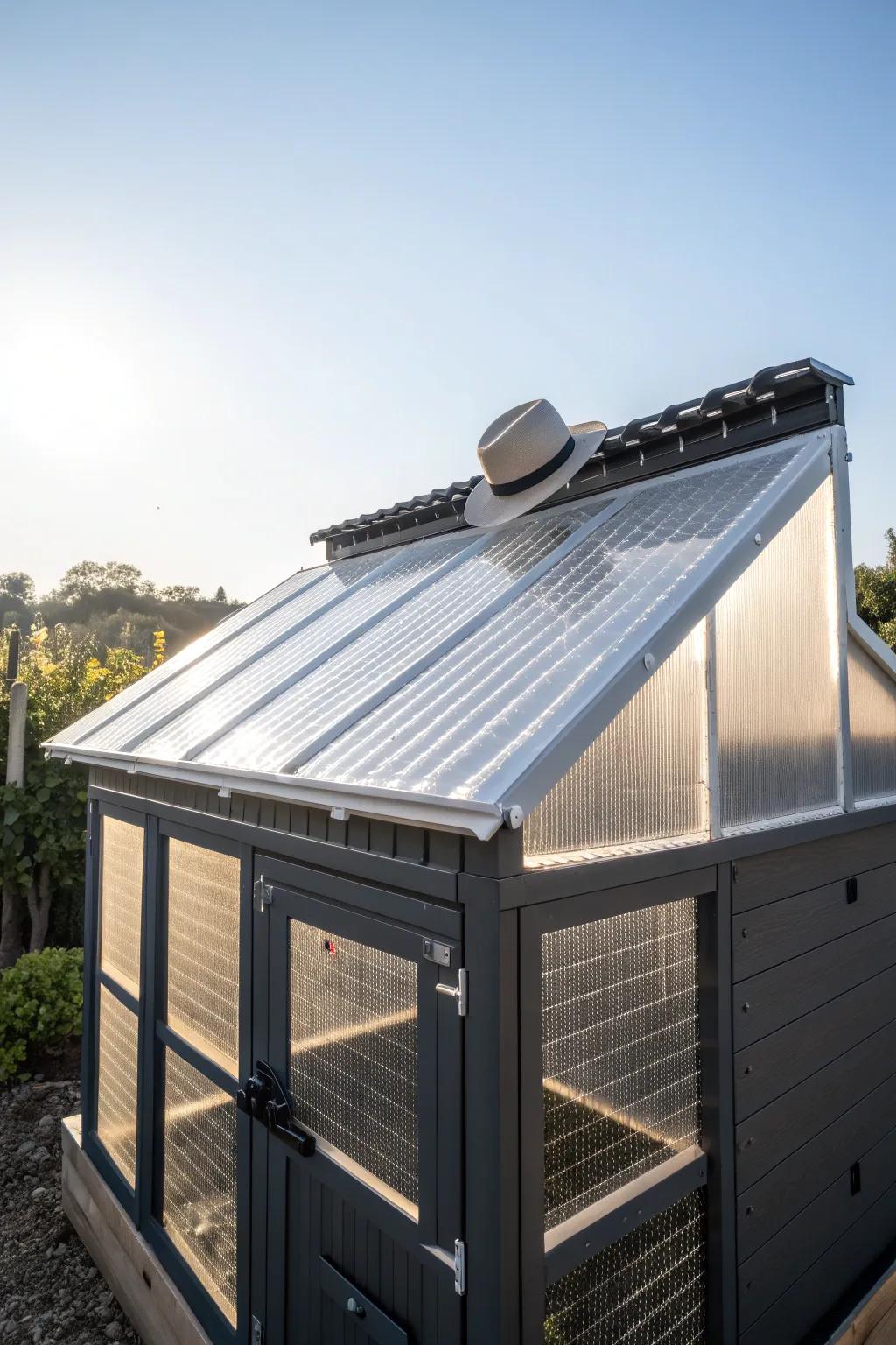 Elevate your coop game with a stylish and durable corrugated plastic roof. A modern twist for your feathered friends!