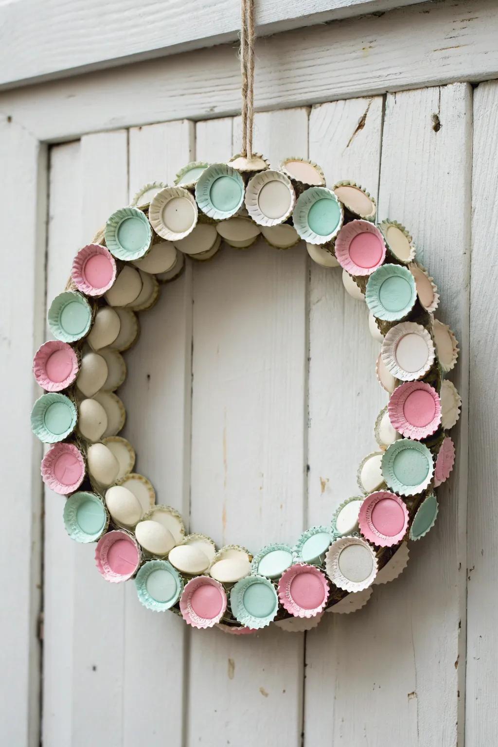 Upcycle with style: A stunning bottle cap wreath that blends sustainability with Scandinavian minimalism.
