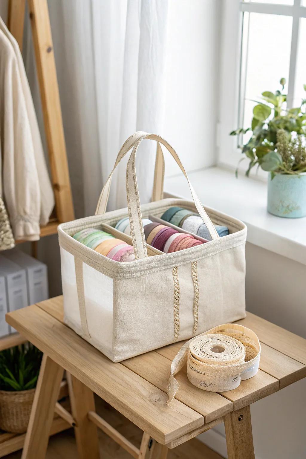 Effortless elegance: Store your ribbons in style with minimalist fabric storage bags.