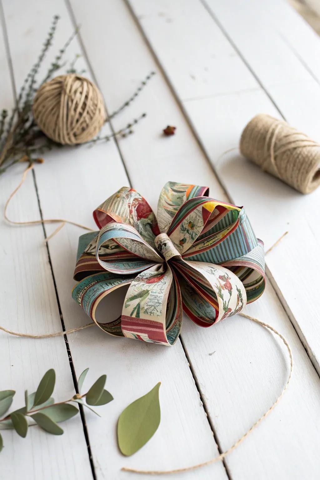 Transform old magazines into a stunning paper bow for a chic, eco-friendly gift wrap.